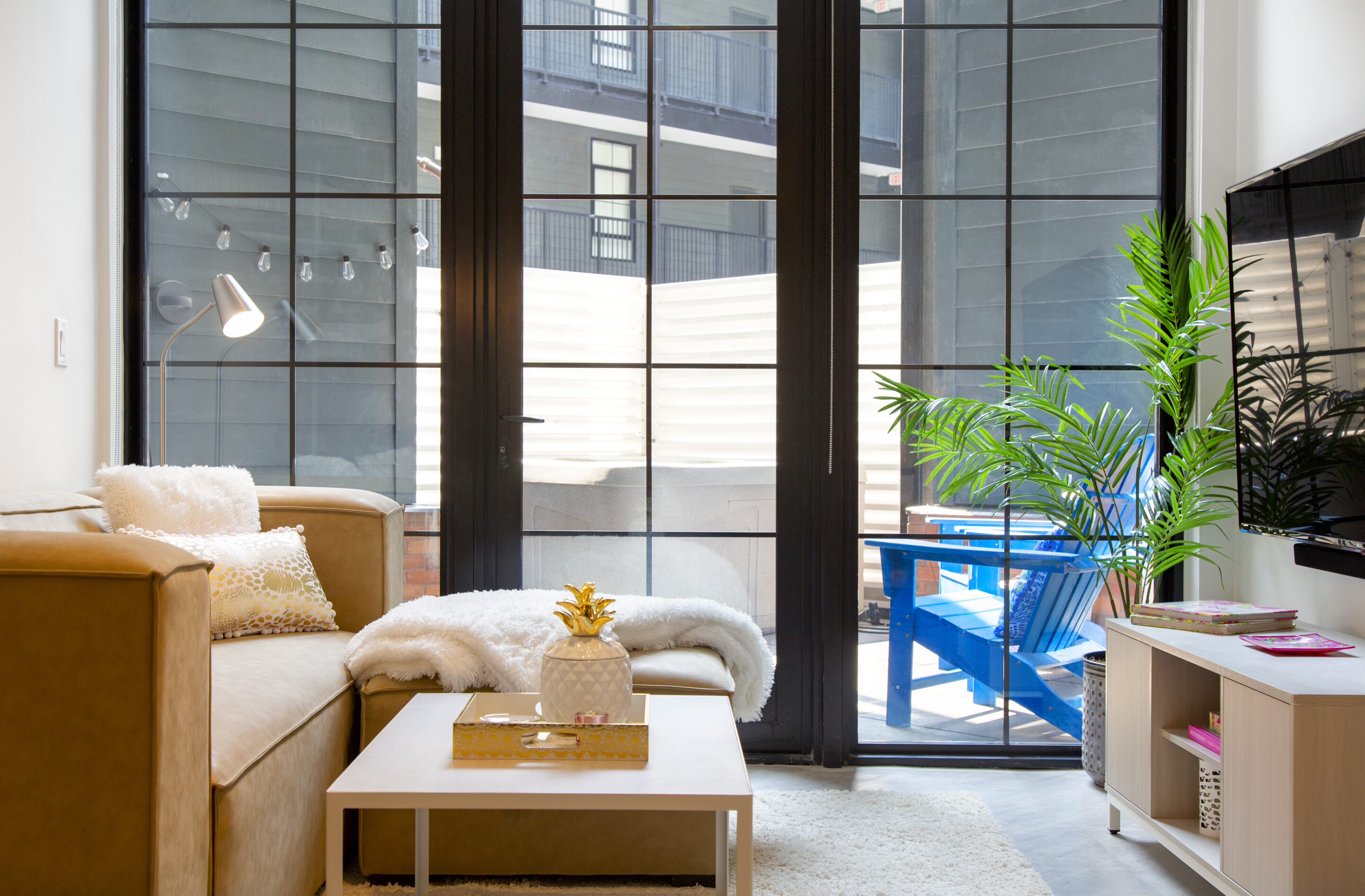 A living room with large windows
